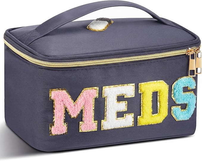Geetery Clear Makeup Bag Chenille Letter Meds Bag Travel Cases Preppy Patch with Zipper, Portable Cosmetic Toiletry Storage case for Women (Meds,Gray)