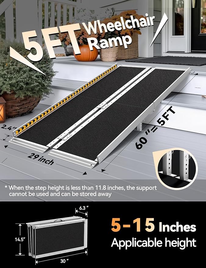 FACHNUO 5 Feet Portable Wheelchair Ramp, Non-Skid Aluminum Handicap Ramps with Handle, Folding Threshold Wheel Chair Ramp for Home Steps, Stairs, Entry, Threshold, Doorways, Scooter, 800LBS Capacity