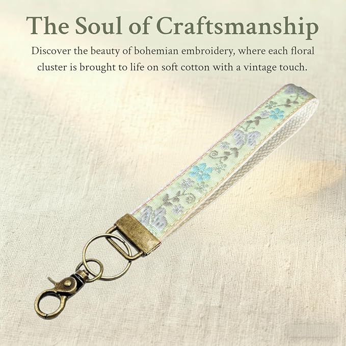 Boho Vintage Embroidered Floral plant Wristlet Keychain for Women | Cute Lanyard&Antique Brass Clasp, Lightweight Hands-Free Key Holder for keys,purses,handbags and daily outdoor use for ladies