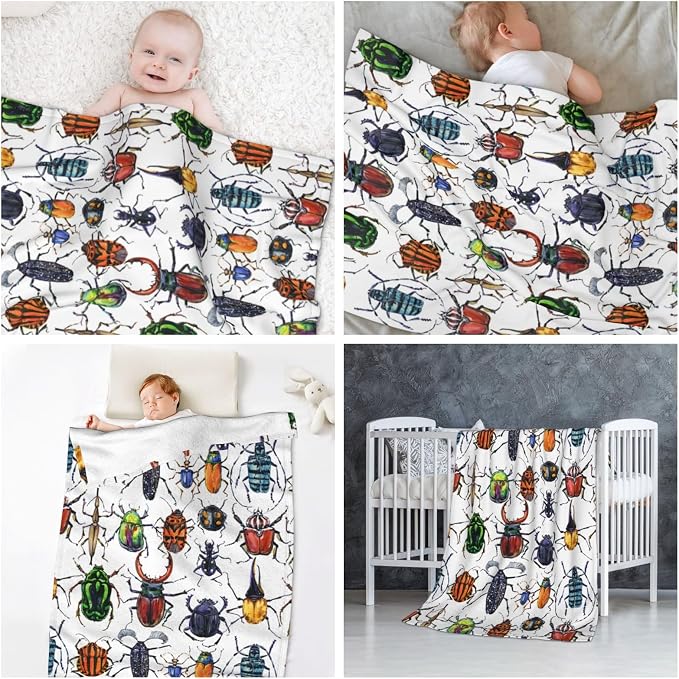 Beetle Baby Blanket 30x40 Inches - Ultra Soft Bugs Print Flannel Throw Blankets - Colorful Insect Nursery Blanket for Infants & Toddlers - Crib & Stroller Blanket - Bug Lover Gift for Kids