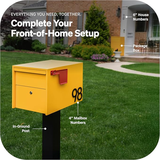 Adoorn Lockable Post Mount Mailboxes for Outside - Small Anti-Theft Locking Mailbox for Packages and Letters - Weatherproof Construction - Durable Steel - 12" H x 12" W x 18.5" D - Yellow