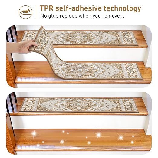 Stair Treads for Wooden Steps Indoor, 15 Pack 8" X 30" Non Slip Carpet Stair Treads with Reusable Adhesive for Kids Elders and Dogs, TPR Backing Stair Rugs Oriental Staircase Step Treads,Bohemia
