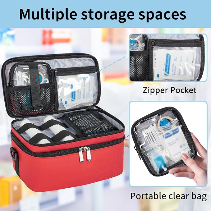 Medicine Organizer Bag with 100 Small Pill Bags and Portable Pouch | 2 Layer Lockable Medicine Travel Bag with Adjustable Divider, Suitable for Pills, Vitamins, Fish Oil,Medical Supplies