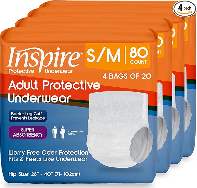 Inspire Protective Underwear for Men and Women | Adult Diapers | Bowel Incontinence Under wear for Adults | Disposable Pull Ups - 4 Bags of 20 | 80 Total (Small/Medium)