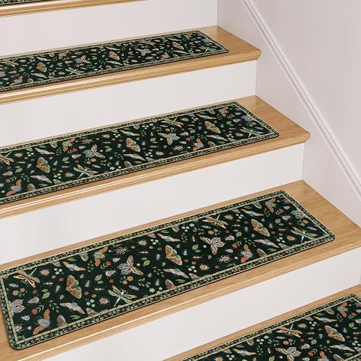 OJIA Insect Stair Treads Non Slip Stair Runners for Wooden Steps 15PCS | 8"x30" Carpet Stair Treads for Wood Stairs Indoor Rubber Backing Staircase Step Treads for Kids & Dogs, Stair Covers, Black