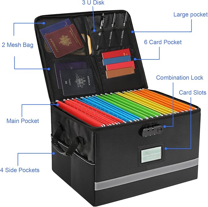 File Organizer, Fireproof File Box with Lids, Important Document Organizer Box with Lock, Portable File Folder Organizer with Handle