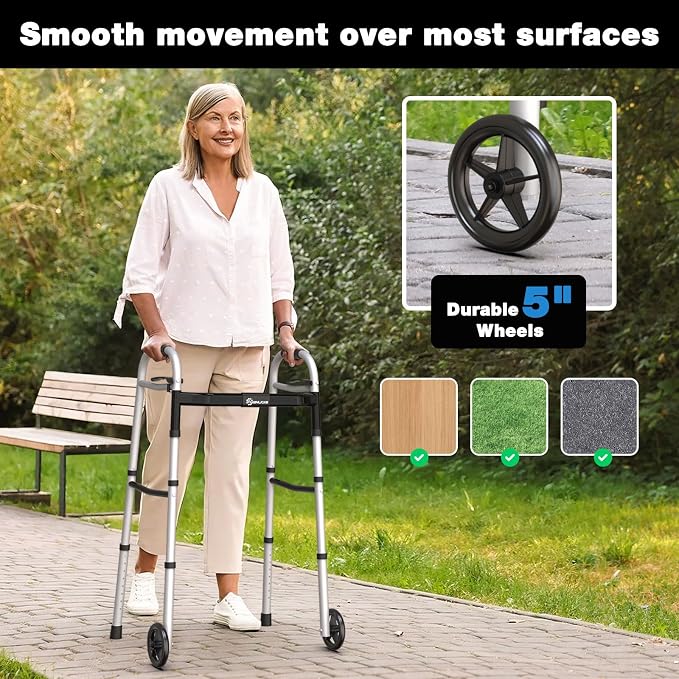 Whlicks Narrow Folding Walkers for Seniors,Aluminum Lightweight Walkers with Wheels, Adjustable Width and Height Front Wheel Walker for Elderly and Disabled, Supports up to 350 lbs
