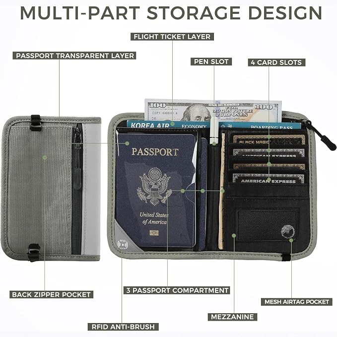 P.travel Passport Holder for Travel, RFID Blocking Passport Wallet with Adjustable Shoulder Strap, Holds 3 Passports, 4 Card Slots & AirTag Slot, Lightweight Travel Essentials for Men & Women