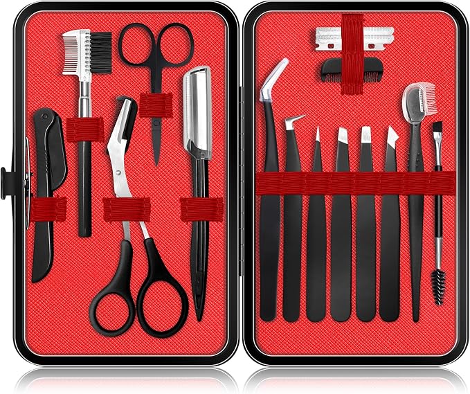 Eyebrow Kit for Men, 17 in 1 Tweezers for Women Facial Hair, Hair Scissors with comb, Eyebrow Trimmer, Brow Brushes, Hair Tools Travel Bag, Professional Grooming Tweezer for Men