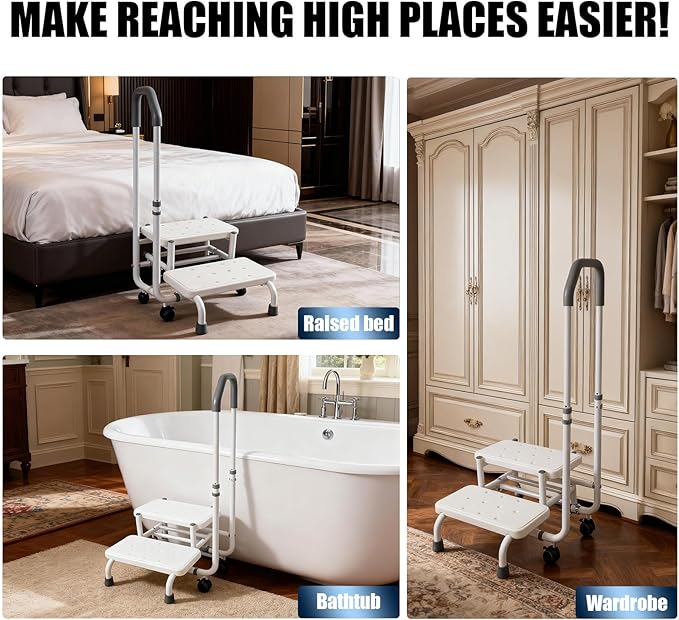 2 Step Stool for Elderly with Adjustable Handrail and Wheels, Heavy Duty Safety Bed Steps for High Beds with Non-Slip Surface, Holds 460lbs for Adults and Seniors