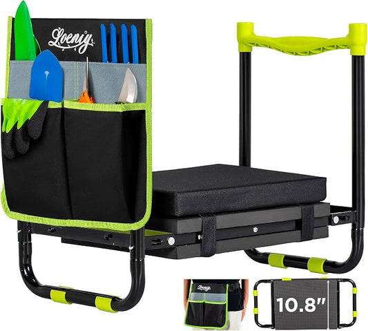 10.8” Wide Garden Kneeler and Seat, Heavy Duty Foldable Garden Stool | Included Thickened Kneeling Pad, Portable Gardening Bench Chair for Seniors & Parents with Tool Belt Pouch