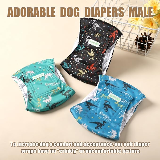 wegreeco Washable Male Dog Belly Band (Stylish Pattern) - Pack of 3 - Dog Diapers Male - Washable Male Dog Belly Wrap (Dinosaur Fossils, Small)