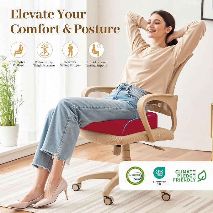 TranquilRelax Memory Foam Seat Cushion for Office Chair, 3-Inch, Red | Medium-firm Support for Long Sitting, Washable Mesh Cover, Non-slip Base, Perfect for Car Seats & Short Drivers