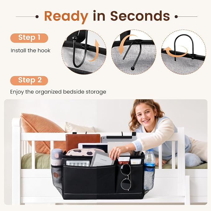 Bedside Caddy for Dorm Bed, Bedside Storage Bag Hanging Organizer | Metal Frame, Water-Resistant Lining, Fits Bed Rails up to 2.2 In, Adjustable Straps, Bunk and Hospital Beds(2 Pack, Black)