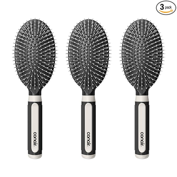 Conair Salon Results 3-Pack Hair Brushes, Detangling Hair Brush for Men and Women, For All Hair Types, Metal Bristles and Cushion Base, Black