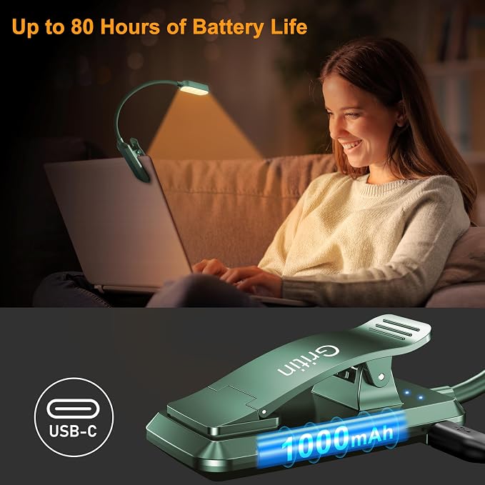 Gritin 16 LED Rechargeable Book Light for Reading in Bed | Eye Caring 3 Color Temperatures, Stepless Dimming Brightness, 80 Hrs Runtime, Lightweight Flexible Clip on Light-Green