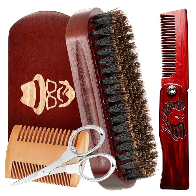 Beard Brush Set for Men | with 100% Boar Bristle Black Walnut Wood Beard Brush, Foldable Beard Brush, Foldable Scissors, Beard Comb
