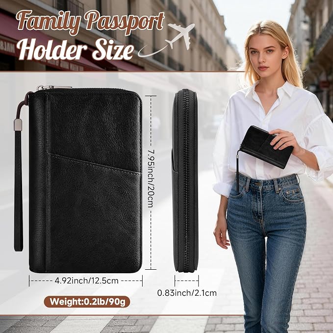 Likesing Family Passport Holder for 5, RFID Multiple Passport Holder(Black) | Leather RFID Blocking Travel Passport Wallet with Zipper, Travel Document Organizer with Wrist Strap Card Slots for Women Men