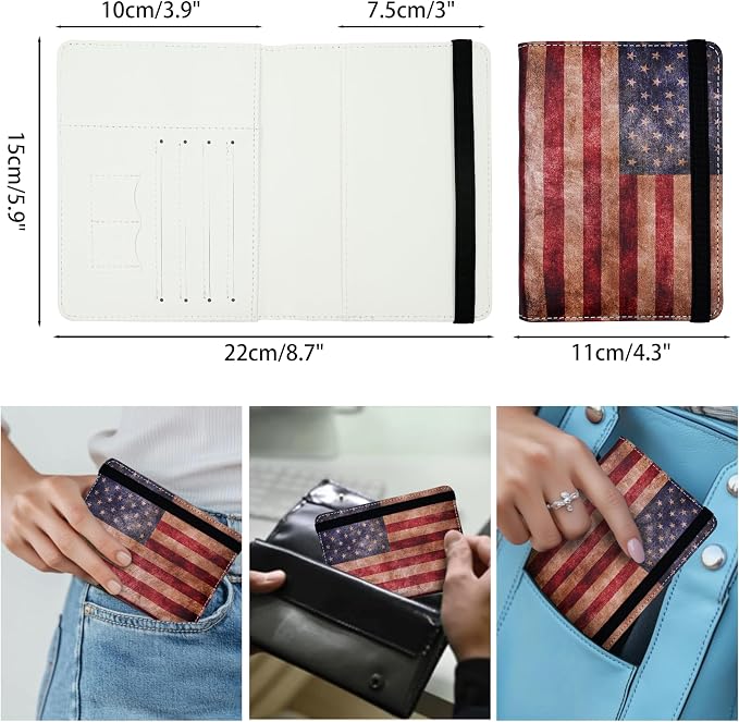 Passport Holder for Women and Men PU Leather Passport Cover for Travel (American Flag)