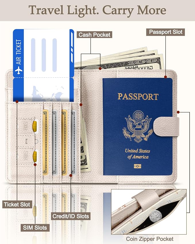 Slohif Airtag Passport Holder Cover Wallet Case for Travel Women - Leather RFID Blocking Passport Book Multiple Personalized Organizer Slim Portable Carrier Card Slots Protector Sleeve Stamp