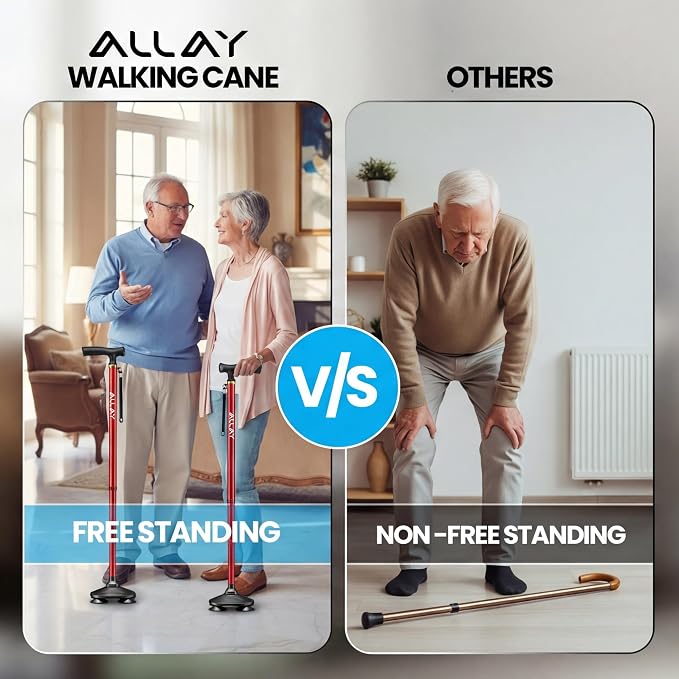 Allay Walking Canes for Men & Women - Adjustable Canes for Women for Stability, Self Standing Wide Quad Pivot Base, Light Weight, Soft Handle Grip and Travel Bag, Walking Sticks for Seniors