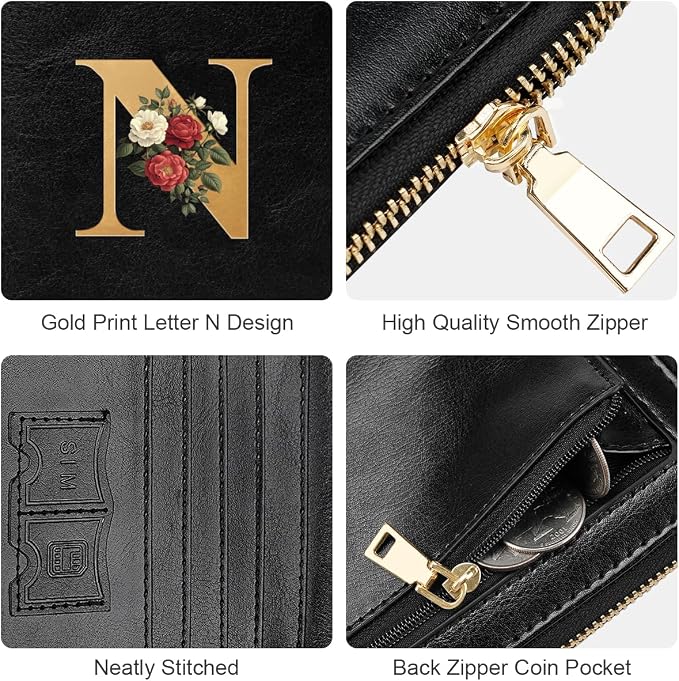 Passport Holder for Travel Personalized Wallet with Wristlet Women | Passport Cover, RFID Blocking, Passport Book Holders, Back Coin Pocket, Zipper Closure, Roses Initial Letter, Black N