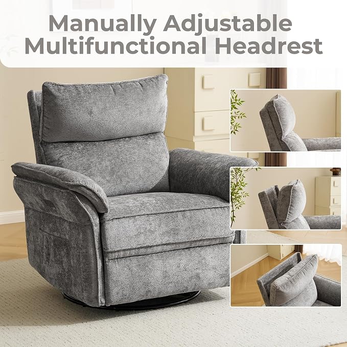 Oversized Power Recliner Chair Swivel Glider with Massage and Heat, Rocker Nursery Recliner for Adults with Adjustable Headrest, 24" Extra Wide Nursery Chair with Overstuffed Armrest, Dark Grey