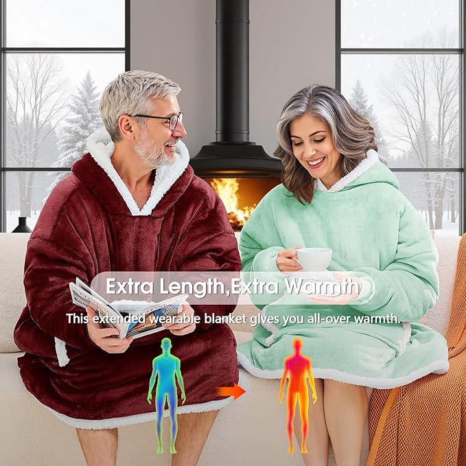 JOYWOO Wine Red Wearable Blanket Hoodie,Oversized Cat Lovers Sweatshirt Blanket for Adult & Teens,Birthday Gifts for Women Men Mom Girl Boys,Cozy Sherpa Blanket Giant Pocket Gifts,Burgundy Small