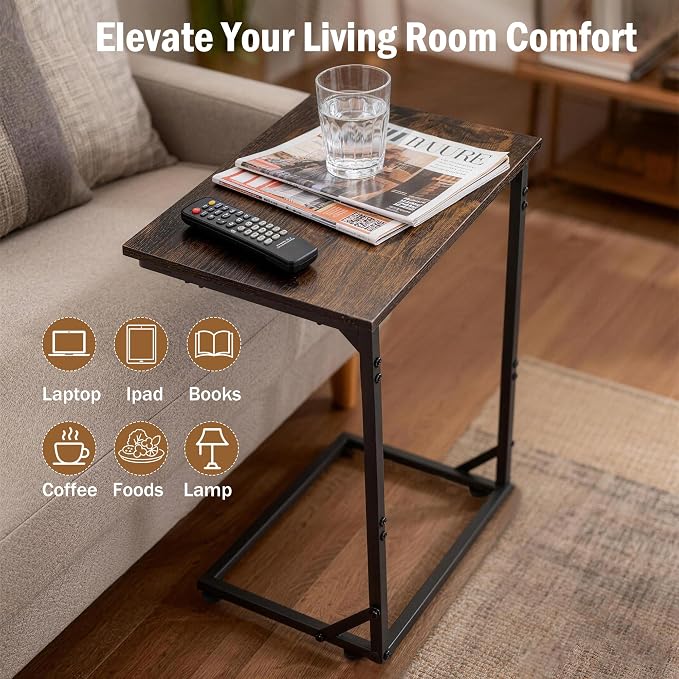 C Shaped End Table for Couch, Small Side Table for Living Room & Bedroom, Slide Under Sofa Table for Laptop, Coffee, Snacks, Easy Assembly, Modern Design