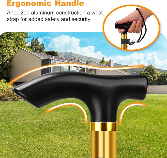 MFE Folding Cane, Portable 5-Level Adjustable Height Walking Stick with Foldable Design, Wrist Strap, and T Handle for Men and Women