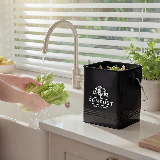 PERFNIQUE Kitchen Compost Bin, 1.7 Gallon Countertop Compost Bin with Lid, Indoor Compost Bin Includes 2 Carbon Filters, Small Compost Bucket, Food Waste Bin for Kitchen with Trash Bags (Matte Black)
