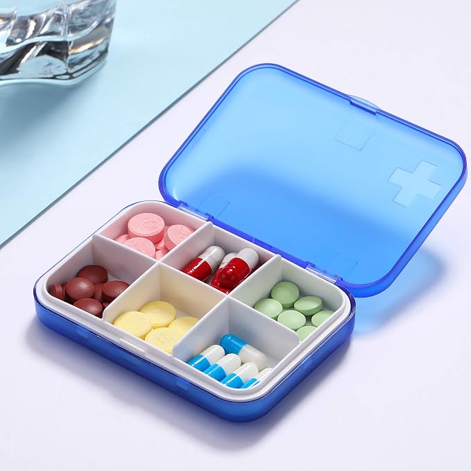 Portable Pill Organizer - Slim Pill Box for Purse or Travel, Compact Pill Case(6 Compartment,Blue)