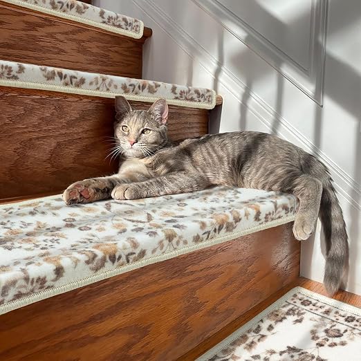 RORA Bullnose Stair Treads for Wooden Steps, Non Slip Stair Carpet 14pcs | Washable, Self-Adhesive, Floral Stair Rug Runner with Edge Protection for Indoor, Pets & Elder, 29.5 x 9.5x 1.7, Brown