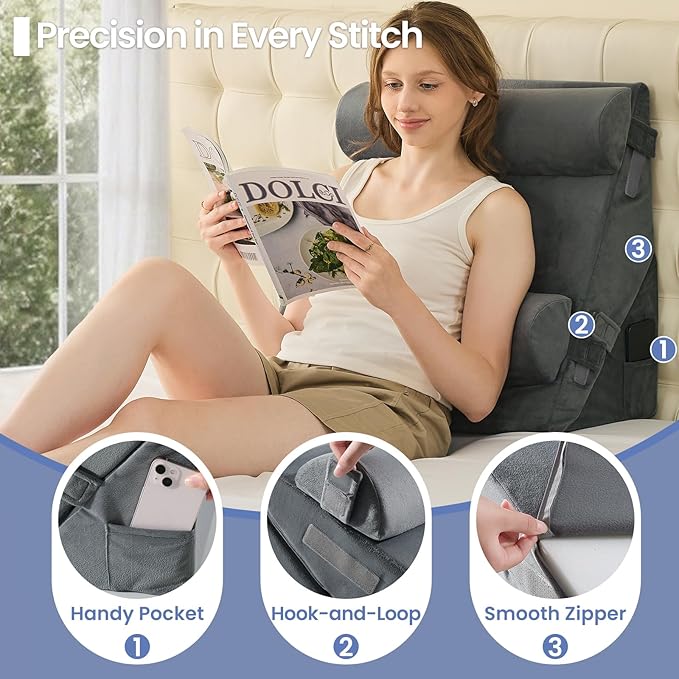 Sasttie Wedge Pillow Set for After Surgery, 3PCS Adjustable Bed Wedge Pillow Headboard with Memory Foam Neck Cushion – for Acid Reflux, Sleeping, Neck & Back Support, Velvet & Dark Grey
