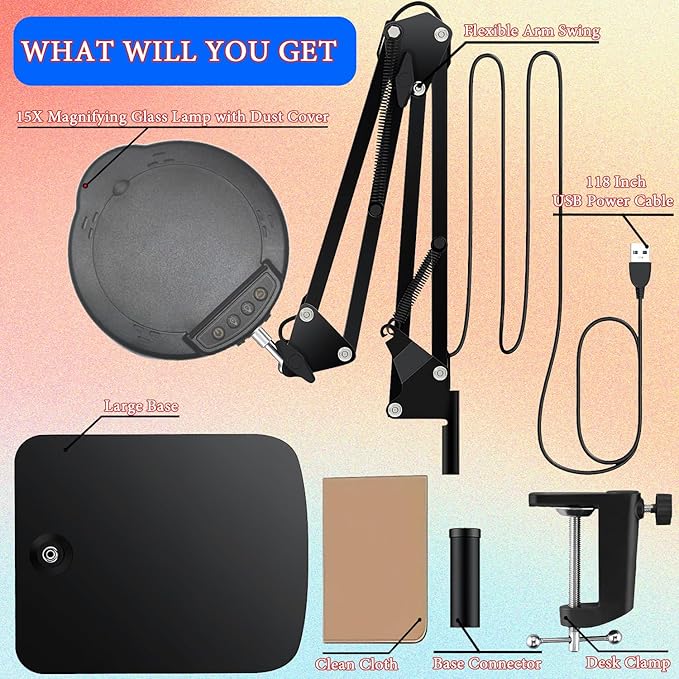 15X Magnifying Glass Desk Lamp with Clamp and Base, Real Glass Lens, 84 LEDs, 5 Color Modes Dimmable, Led Lamp Magnifier with Dust Cover, Clean Cloth, Ideal Gift for Seniors, Crafters, Hobbyists