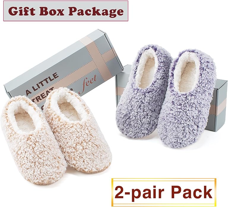 cosyone1997 2-Pair Thick Warm Fuzzy Slippers for Women Indoor Fluffy Sherpa Lined, Winter House Shoe Socks Non-Slip Soft Soles, Cozy Christmas Gifts