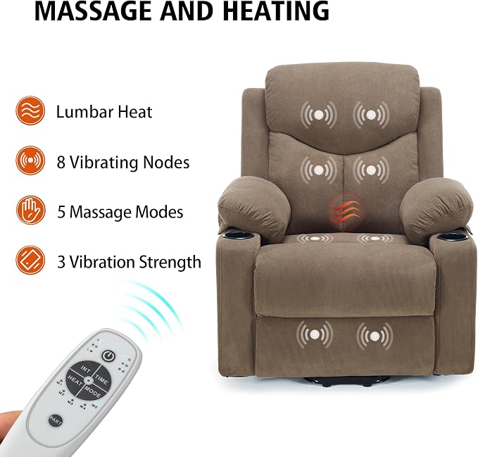 Ketaiyou Electric Power Lift Recliner Chair Sofa with Massage and Heat for Elderly, USB and Type-C Ports, Cup Holders, Infinite Position (Coffee 2, Regular)