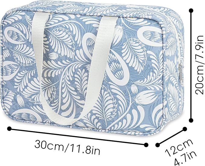 Narwey Full Size Toiletry Bag Women Large Cosmetic Bag Travel Makeup Bag Organizer Medicine Bag for Toiletries Essentials Accessories (Large, Blue Leaf)