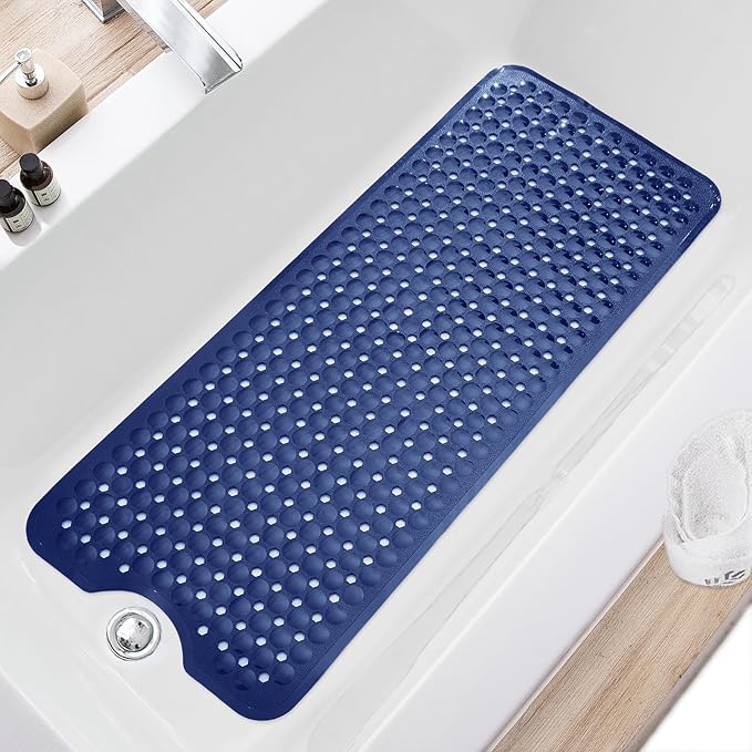 Bath Tub and Shower Mats, Non Slip 40 x 16 Inch Extra Large Bathtub Mat, Machine Washable Bathmat with Drain Holes, Suction Cups for Bathroom Floor, Navy Blue