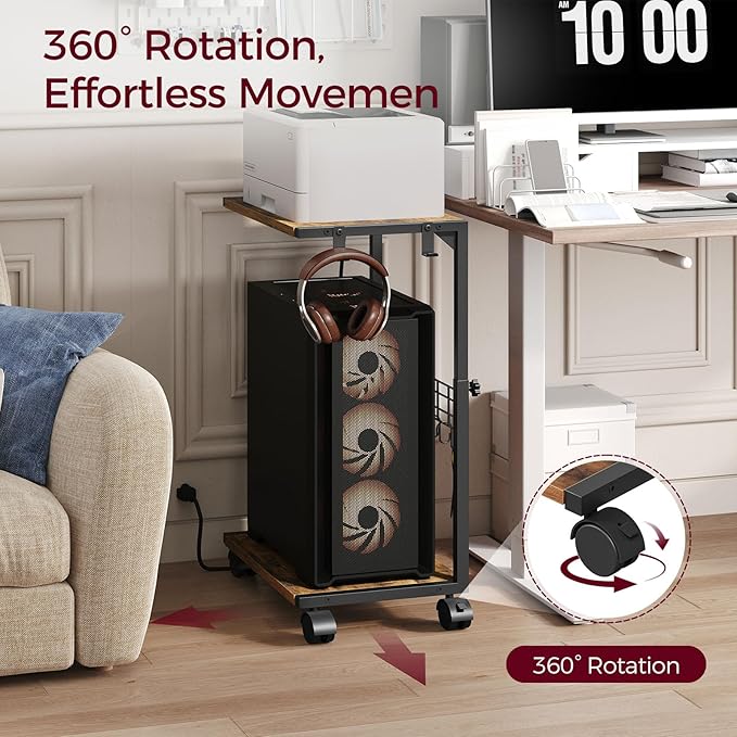 PC Stand with Charging Station, Height Adjustable Computer Tower Stand, 19.7"-31.5" H, Computer Cart with Wheels and Hooks, CPU Holder for Floor, Carpet and Under Desk, Rustic Brown