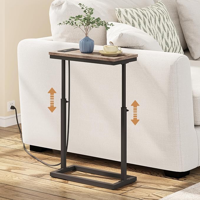 TUTOTAK End Table with Charging Station, Side Table, Tall Couch Table | Sofa Table, for living Room, Bedroom, Greige TB01BG084