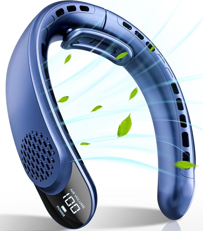FrSara Portable Neck Fan Rechargeable, Neck Fans that Blow Cold Air, Personal Neck Cooler with 4000mAh, LED Display, 3 Speeds, USB TYPE-C, Ideal Gift for Women, Travel, Men, Sports, Denim