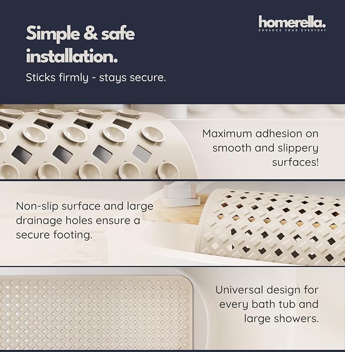 Bathtub Mat Non Slip 28x16 - homerella® Bath Mat Incl. Hooks for Drying, 100% BPA Free, Shower Mat Non Slip Anti Mold, Machine Washable, Shower Mats for Inside Shower Mildew Resistant (Sand)
