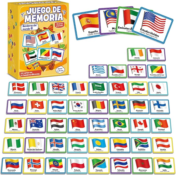 gisgfim 100 PCS Juego de Memoria de Banderas del Mundo en español para niños y adultos Flags of the World Memory Matching Games in Spanish Educational Matching Game Fun Fast Memory Game Gift Learning