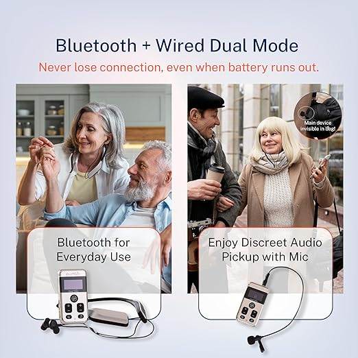 OKB Hearing GV-SA0361 Hearing Amplifier for TV & Conversation, Neckband-Style, Bluetooth 5.0, Noise Reduction, 2-in-1 TV & Hearing Modes, External Mic, USB-C Rechargeable, 10h Controller / 8h Earphones, Mirror Chrome