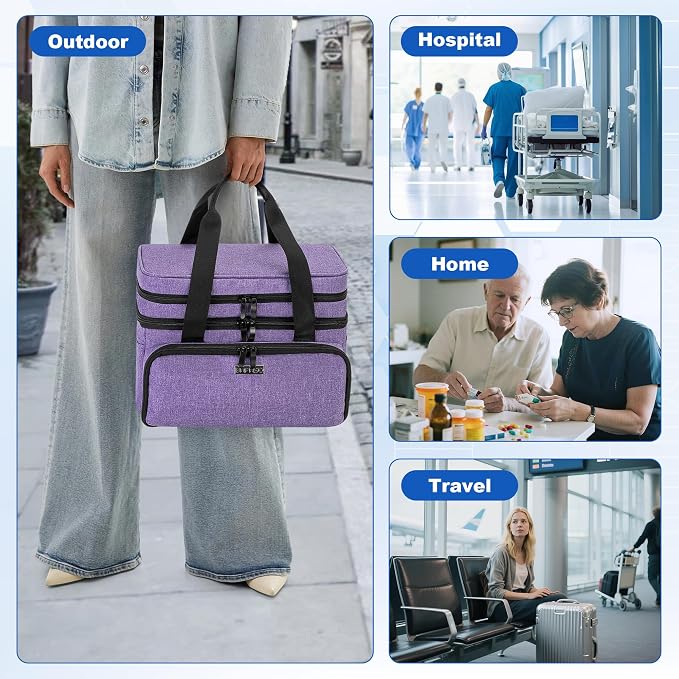 BAFASO Double Layer Medicine Bag with 2 Detachable Pouches, Purple | Pill Bottle Organizer for Travel and Daily Use (Bag ONLY)