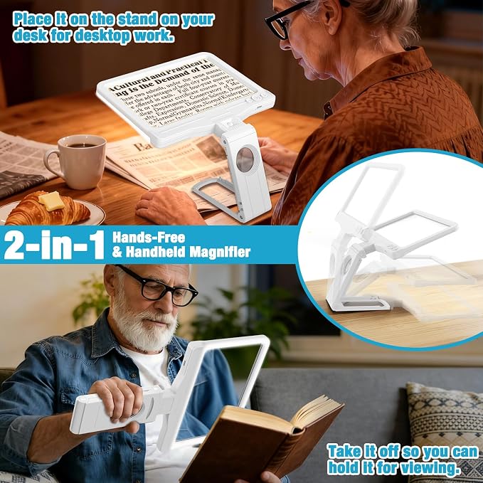 30X 6X Rechargeable Magnifying Glass for Reading, Large Full Page Magnifier with Folding Stand, 3 Color Light Modes, Dimmable LED Lighted, Hands Free Book Magnifier for Low Vision Seniors, White