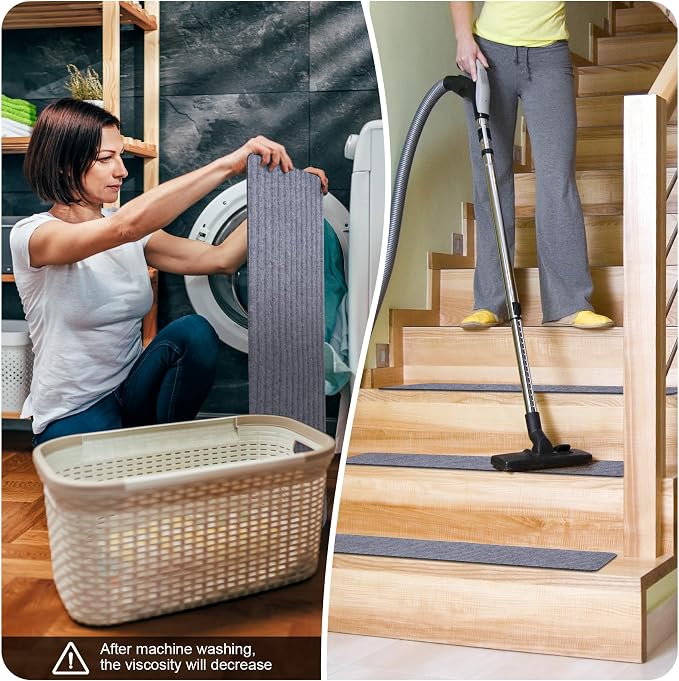 15 PCS Non Slip Stair Treads for Wooden Steps – 8"x30" Indoor Non Slip Stair Treads, Carpet Stair Mats with Self-Adhesive Backing, Removable & Machine Washable – Light Grey