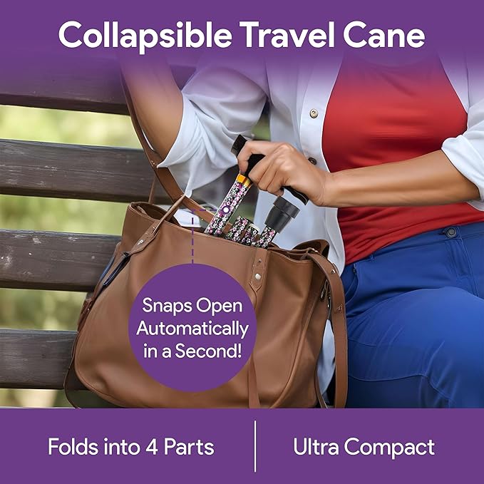 Folding Walking Cane for Women and Men - 33" - 37" Adjustable Height Aluminum Walking Stick for Stability and Balance - Folds Compactly to Four Parts for Travel and Storage - Black Floral Design