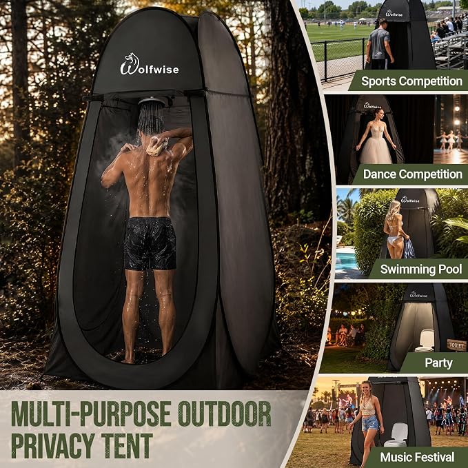 WolfWise Pop Up Shower Tent for Camping Essentials, Compact & Lightweight | Portable Instant Changing Tent with Window & Carry Bag, Privacy Dressing Room Bathroom for Outdoor, 6'3"/6'11" H
